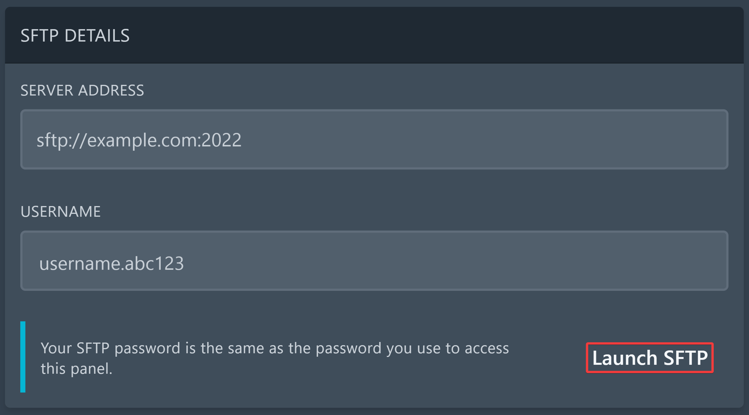 SFTP Details auf der "Settings"-Seite